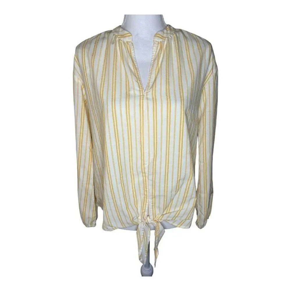 Universal Thread‎ Women’s XS Yellow & White Striped Tie Front Long Sleeved Top
